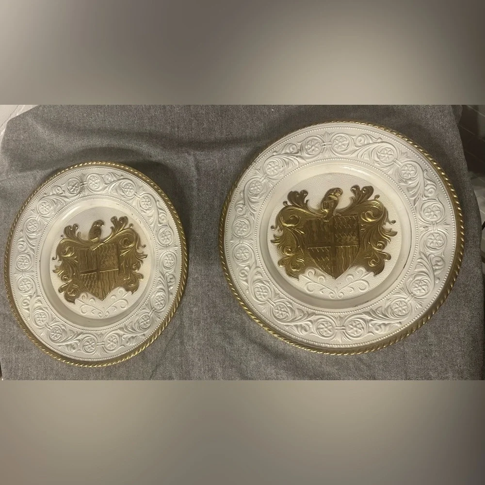 Elegant Brass / White Shield Coat of Arms Wall Plaques. Set of 2